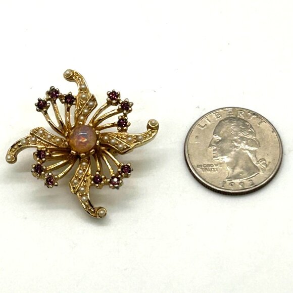 Faux Opal Swirl Brooch Gold-Tone With Faux Pearls & Purple Rhinestones Atomic - Picture 2 of 8